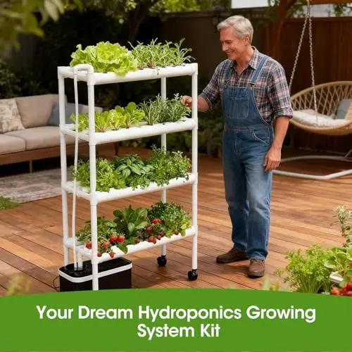 

108-Site 4-Level Rolling Hydroponic Garden System With Food-Grade PVC-U, Submersible Pump, Timer For Indoor Outdoor Use