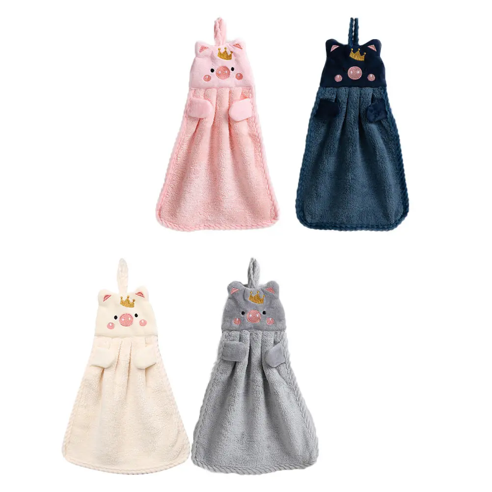 

4Pcs Wipe Handkerchiefs Soft Absorbent Towel Material with Pig Embroidery Design for Bathroom Kitchen Easy Hanging Storage