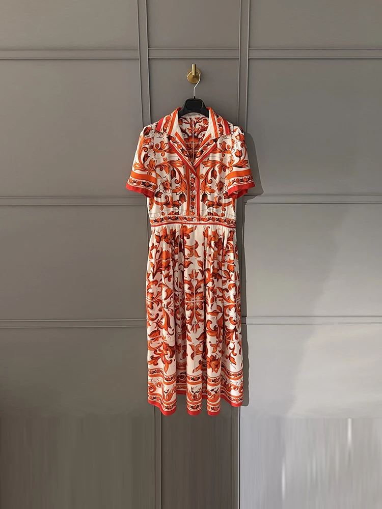 Spring Summer Fashion Party Vintage Geometric Print Silk Midi Dress Women's Turn-down Collar Button Short Sleeve A-Line Dress