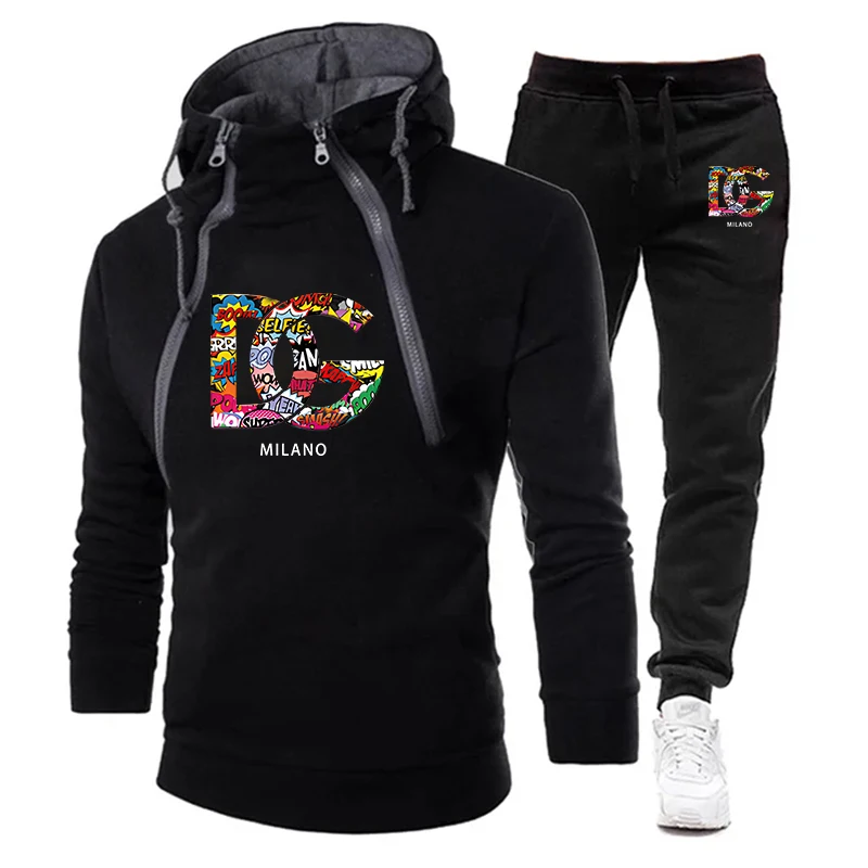 Newest Men's Tracksuit Thickening Zipper Hoodies + Sweatpants Outfits Male Sweatshirt 2PCS Double Zipper Warm Windproof Outwear