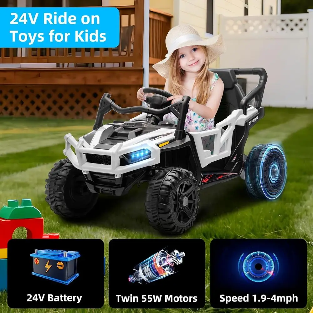 รถบรรทุกเด็กขับเคลื่อนด้วยแบตเตอรี่ 24V พร้อมรีโมทคอนโทรล มอเตอร์คู่ 55 วัตต์ ความเร็วสูงสุด 4 ไมล์ต่อชั่วโมง รถออฟโรด UTV พร้อมระบบเสียงบลูทูธ ระบบกันสะเทือนเพื่อความปลอดภัย