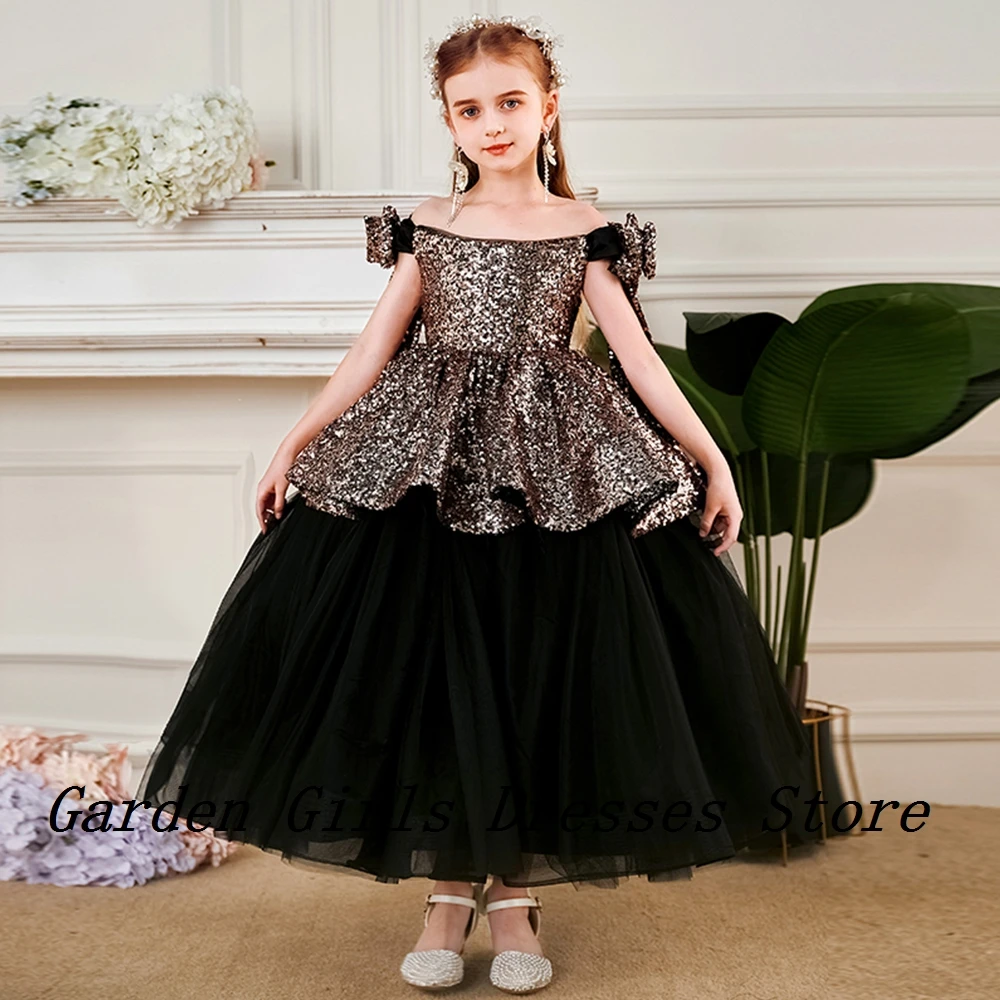 

Charming Black Flower Girls Dresses with Sequined 2024 Sleeveless Off Shoulder A Line Ankle Length Christmas Dresses Summer