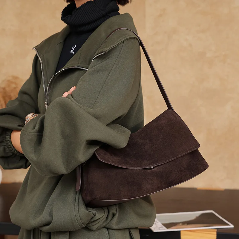 Genuine Suede Nubuck Cowhide Leather Flap Bag Women Vintage Shoulder Crossbody Purse Casual Underarm Hobo Bag