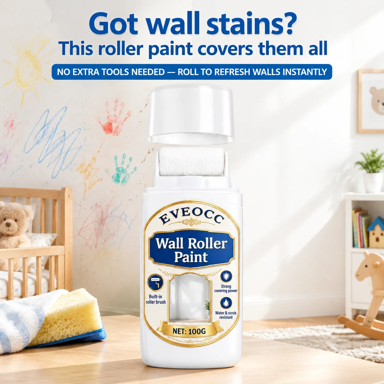 Wall Roller Paint 100g White Wall Repair Cream Built-in Roller Brush For Wall Stain Covering Scratch Repair