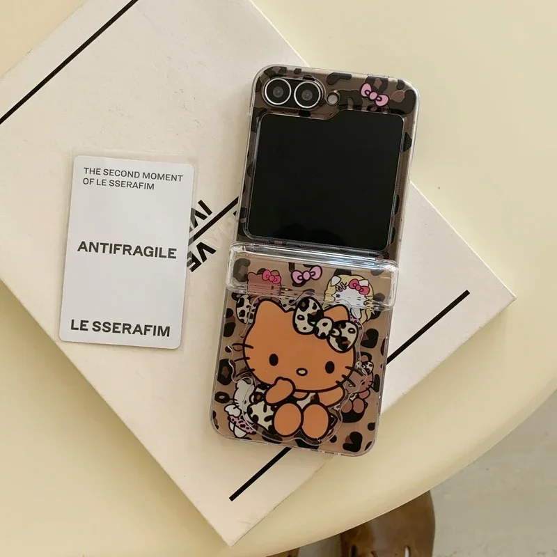 Schattige Cartoon Sanrio Luipaard Print Hello Kitty Card Portemonnee Zak Telefoonhoesje Voor Samsung Galaxy Z Flip 6 5 4 3 Zachte Tpu Hoes