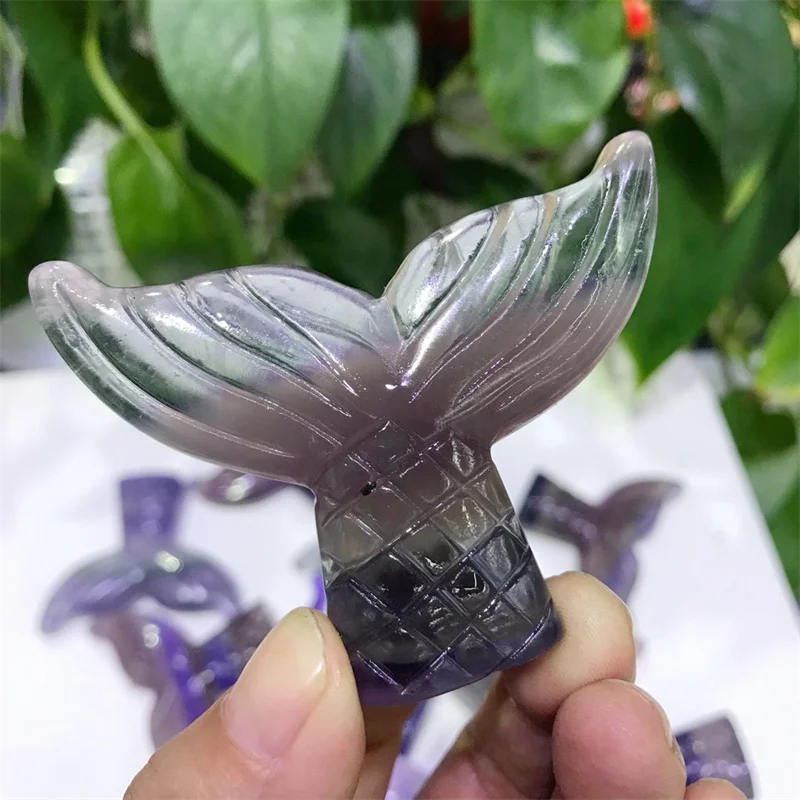 6.7cm Natural Purple Fluorite Crystal Fishtail Carving Sculpture Healing Energy Quartz Gemstone Crafts For Christmas Gift 1pcs