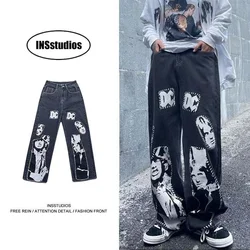 Hip Hop Wide Leg Pants Men's Retro Street Print Vertical Hip Hop Jeans Washed Straight Men's Loose Jeans