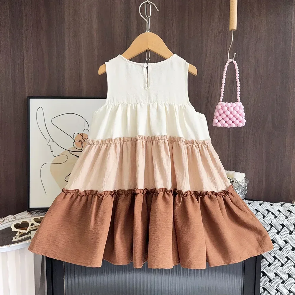 فساتين غير رسمية صيفية للفتيات من الدانتيل بدون أكمام لعام 2025 فستان الأميرات الكوري على الموضة مقسمة 4-7 سنوات ملابس أطفال كتلة الألوان #3