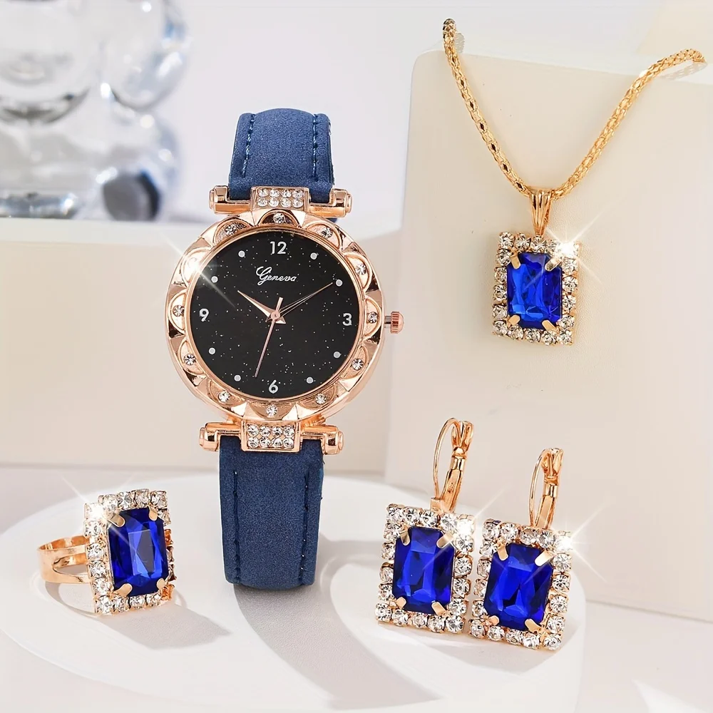 5pcs/set Women\'s Shiny Rhinestone Quartz Watch Analog PU Leather Wrist Watch & Jewelry Set, Gift For Mom Her