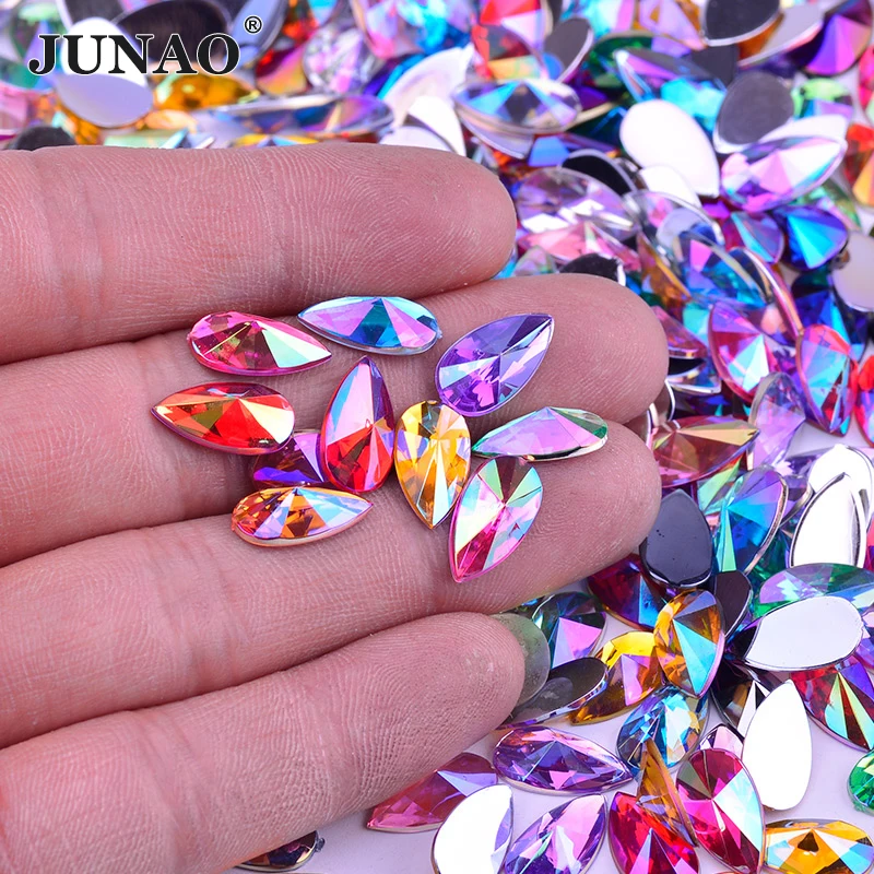 JUNAO 8*13mm 9*18mm Mix Color AB Crystals Drop Rhinestones Flatabck Acrylic Stones Non Hotfix Strass For Dress Crafts