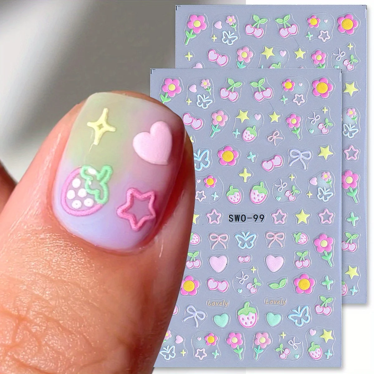 

2 Sheet Sweet Element Nail Art Stickers Simple Flower Heart Cherry Strawberry Star Cute Decals