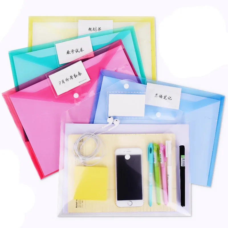 

5 pcs/Lot Snap Button File Bag Plastic A4 Paper Storage Folder PP Transparent File Bag Policy Document Bag Pocket Folders