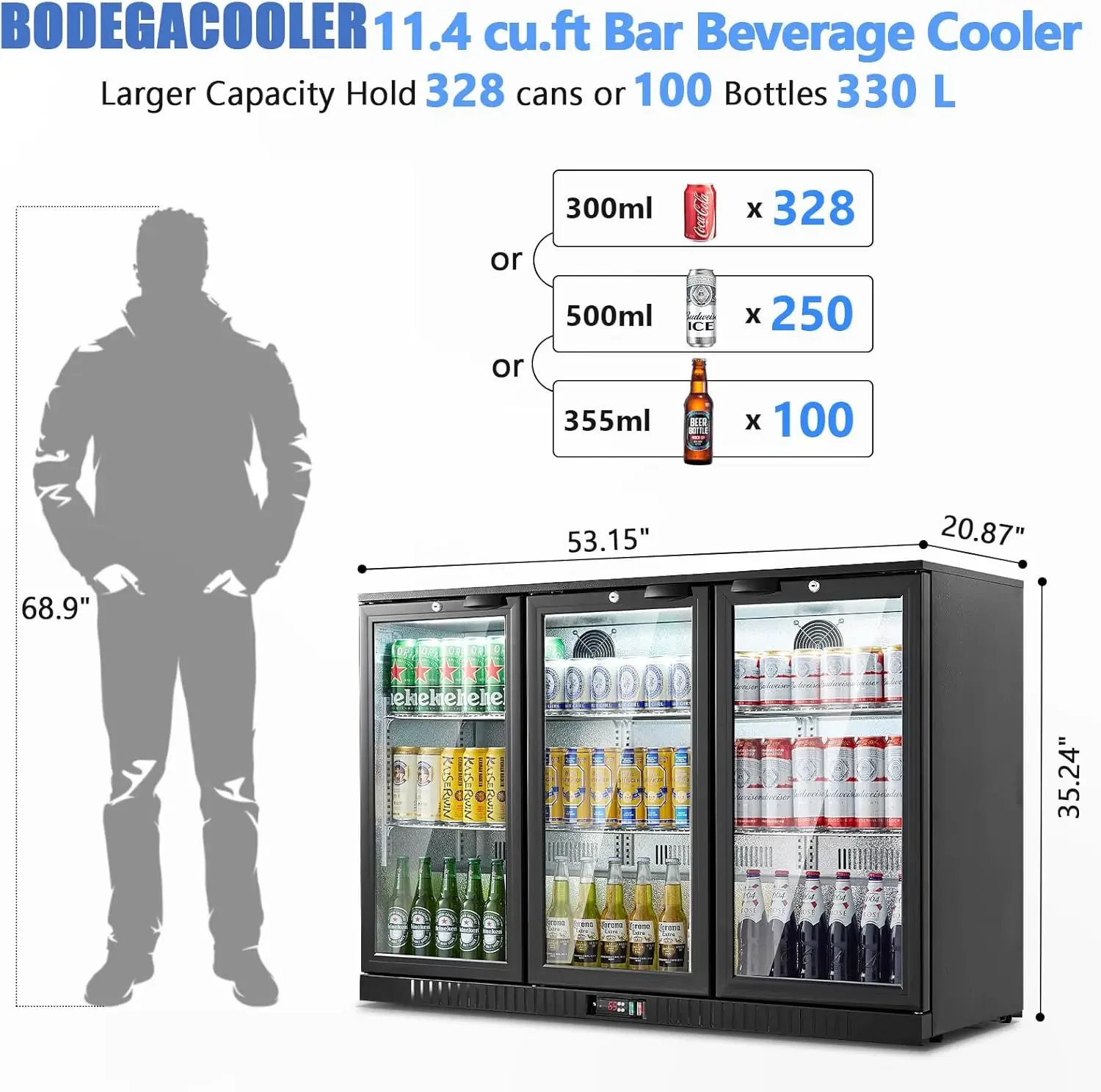 Back Bar Cooler With 3 Glass Doors,Counter Height Beverage Refrigerator,11.4Cu.Ft Commercial Display Bar Fridge with LED Lightin