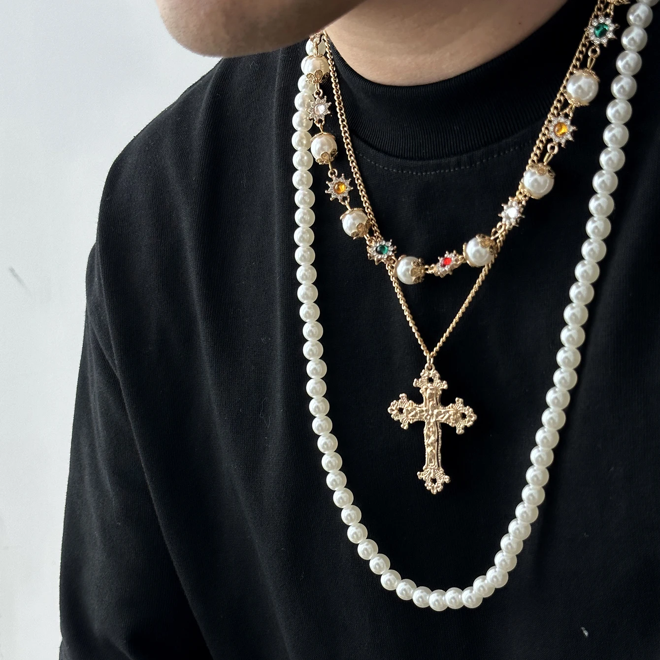 IngeSight.Z Vintage Gold Color Jesus Cross Pendant Necklace Men Creative Rhinestone Flower Imitation Pearl Chain Choker Jewely