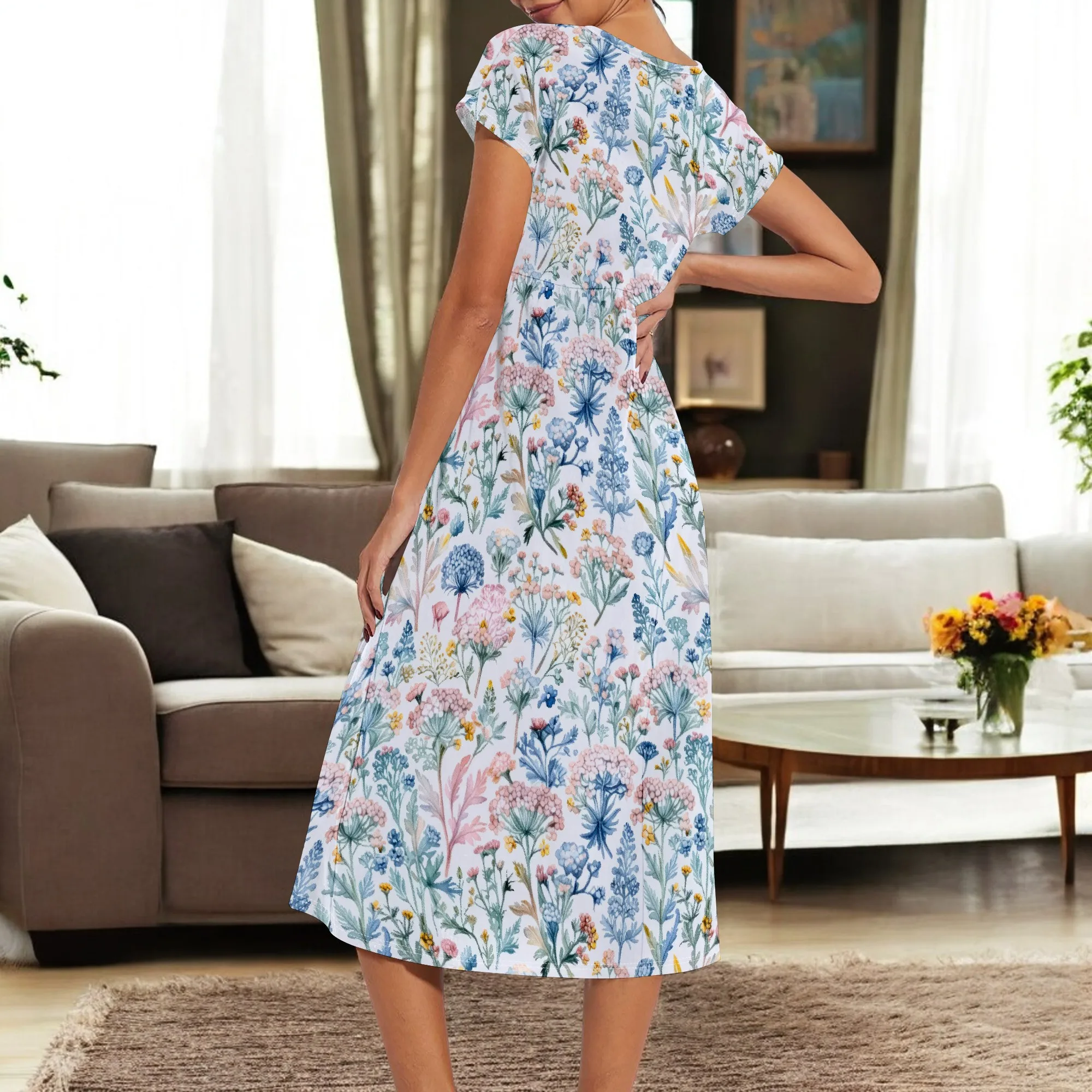 Sommer-Kurzarm-Midikleider in A-Linie für Damen, lässige Blumen-T-Shirt-Kleider, fließendes Strand-Sommerkleid mit Taschen