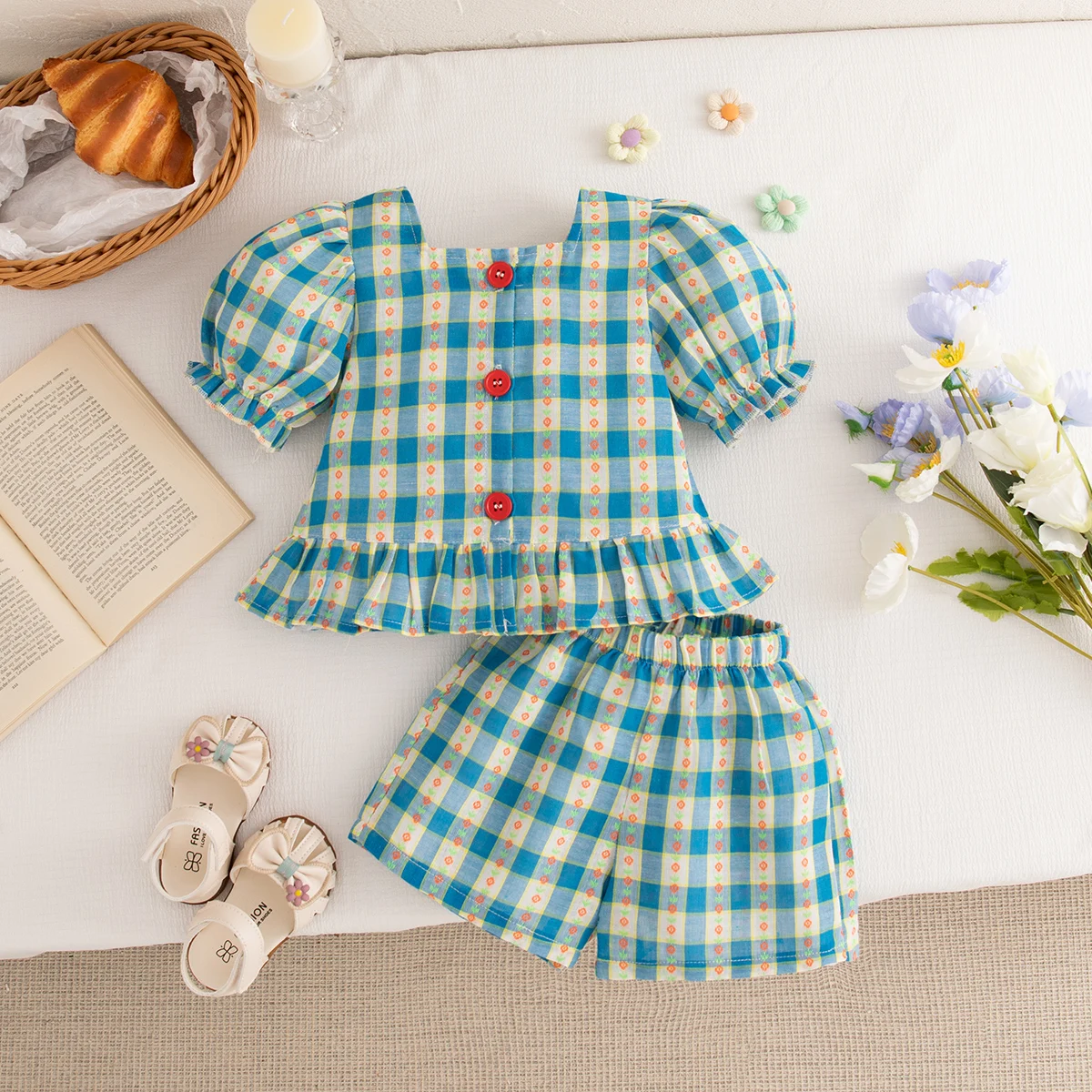 2pc/Set Baby Girl Set Summer Plaid Striped Bubble Sleeve Square Neck Baby Outfit Set Cute Casual Children's Clothing