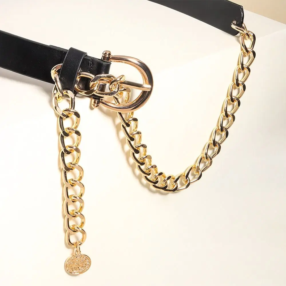 Elegant Metal Buckle PU Leather Belt Chain Adjustable Korean Style Thin Waist Belt Slim Side Suit Matching Dress Chain Shirt