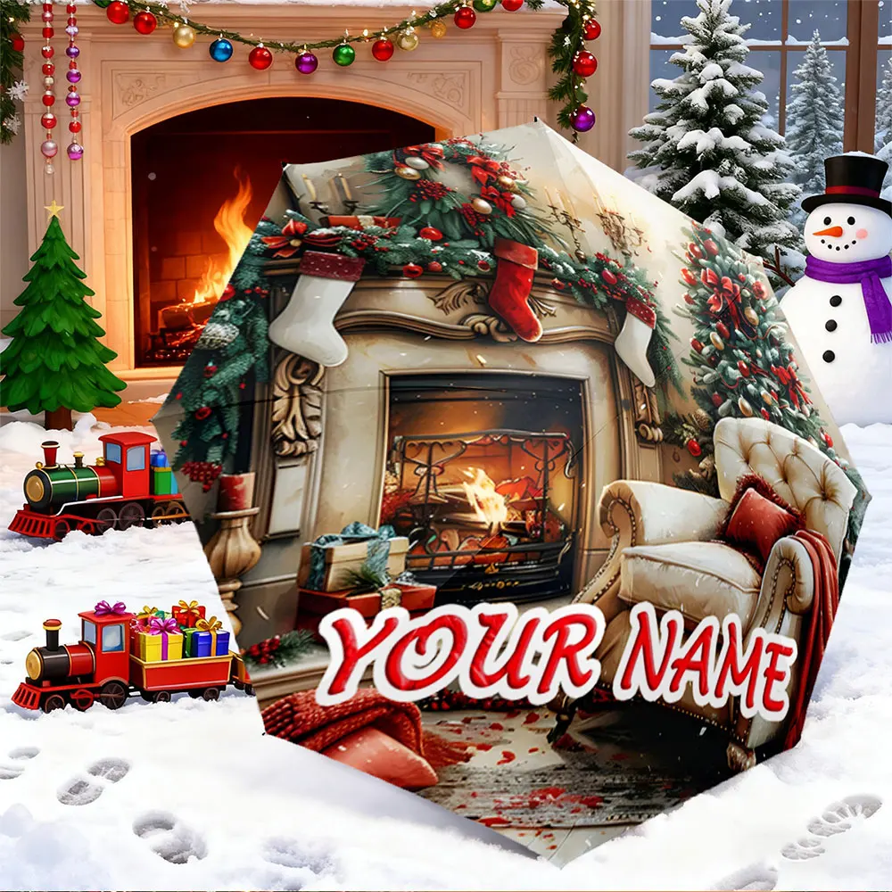 Custom Name Umbrella， Personalized Christmas Fireplace Scene with Stockings and Tree ,Portable Folding Umbrella, Christmas Gift