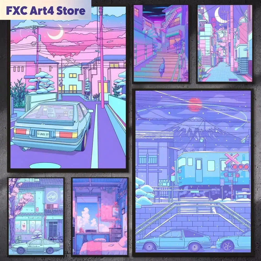 Pastel Vaporwave Japan City Scenery No Frame Canvas Painting Set Retro Anime Style Street View Wall Art Print for Home Decor