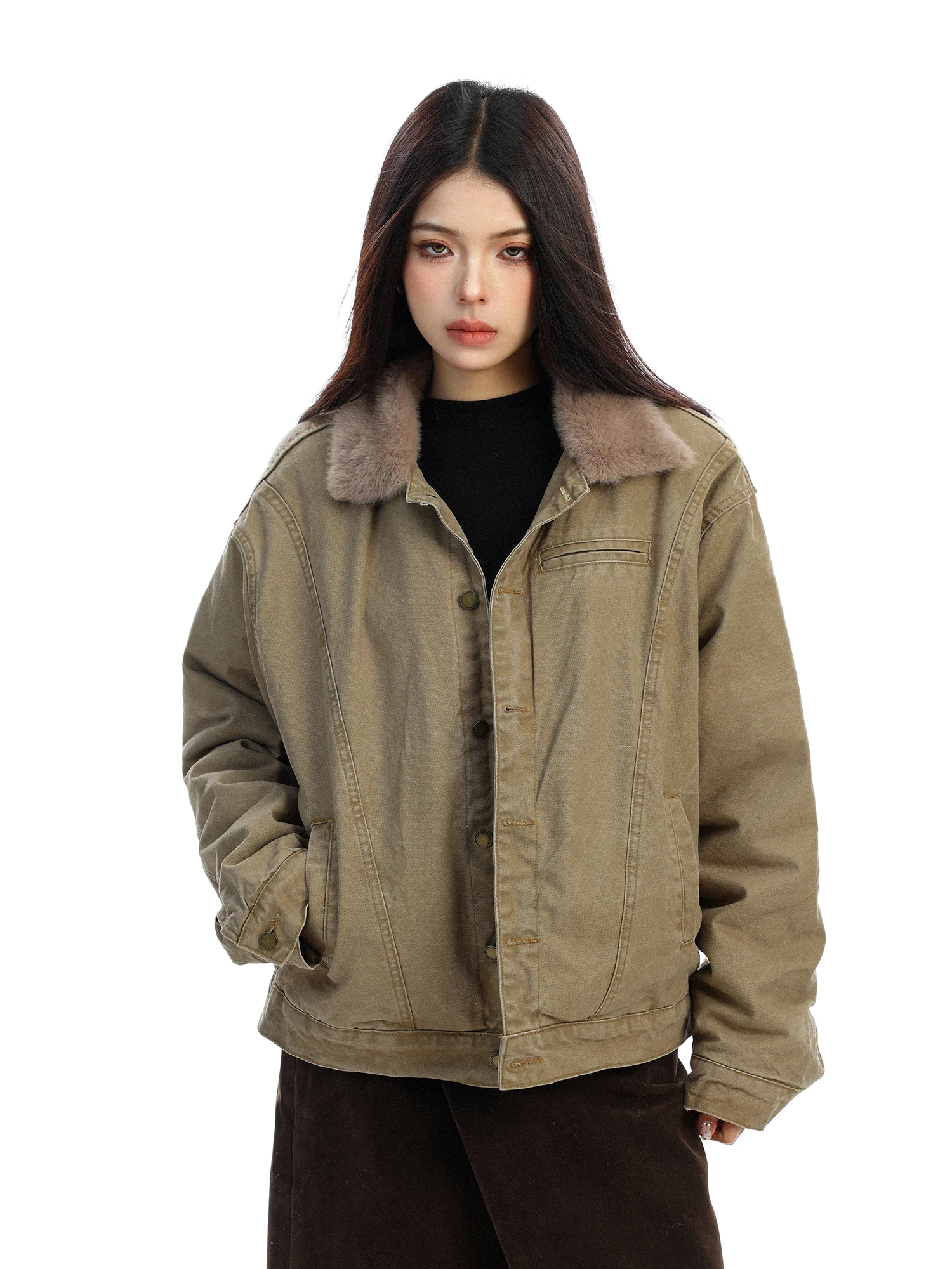 

Thiened Faux Fur Collar down Cotton Jaet Women's Winter Warm Outerwear Retro American Sle with ket Long Sve Coat