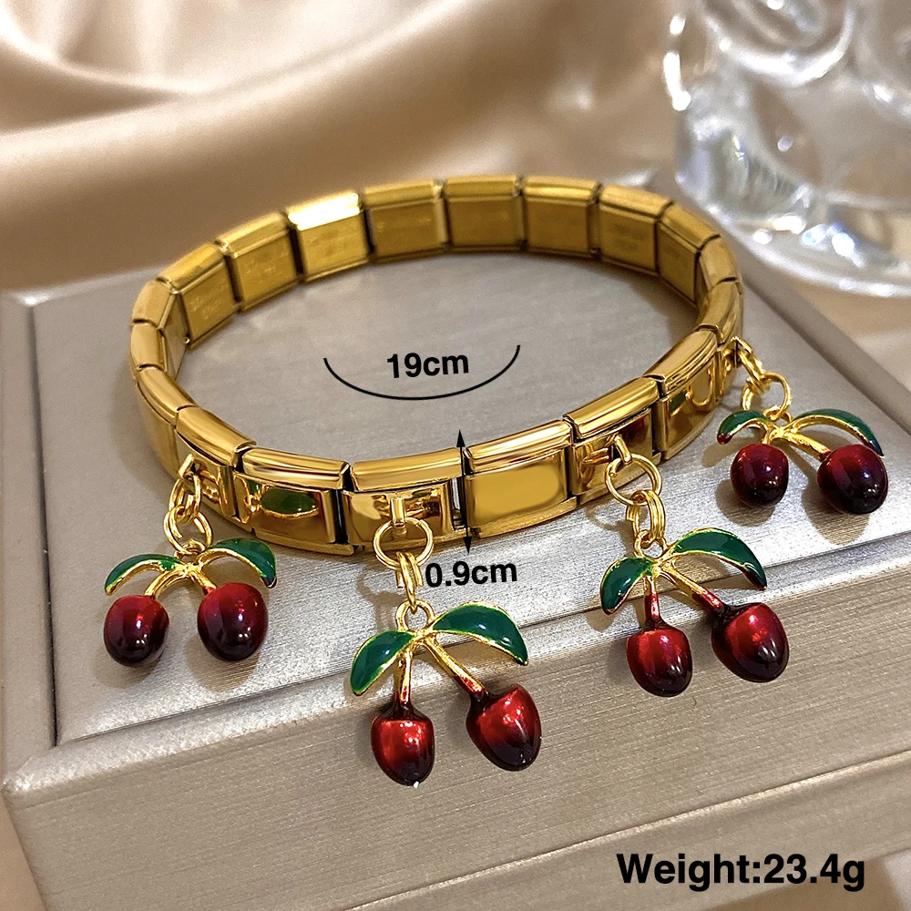 Fashion Italian Charm Links Stainless Steel Bracelet for Women Chic Plant Cherry Pendant Elastic Watch Strap Bangle Jewelry Gift