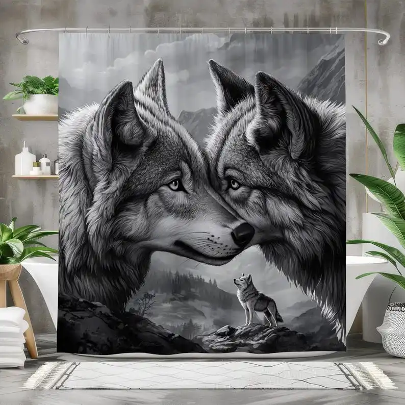 

Majestic Wolves Shower Curtain Wolf Bathroom Decor Monochrome Waterproof Fabric Curtain Long Bath Curtain with Wolf Love Design