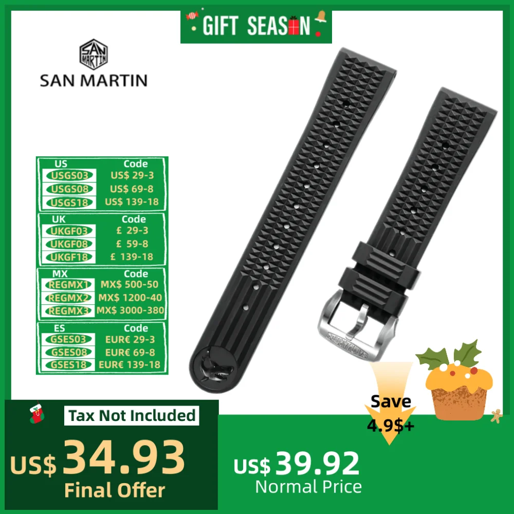 San Martin Watch Band FKM Waterproof Fluorelastomer Strap Stainless Steel / Bronze Buckle No Insert 20mm Watchband For 62MAS 007