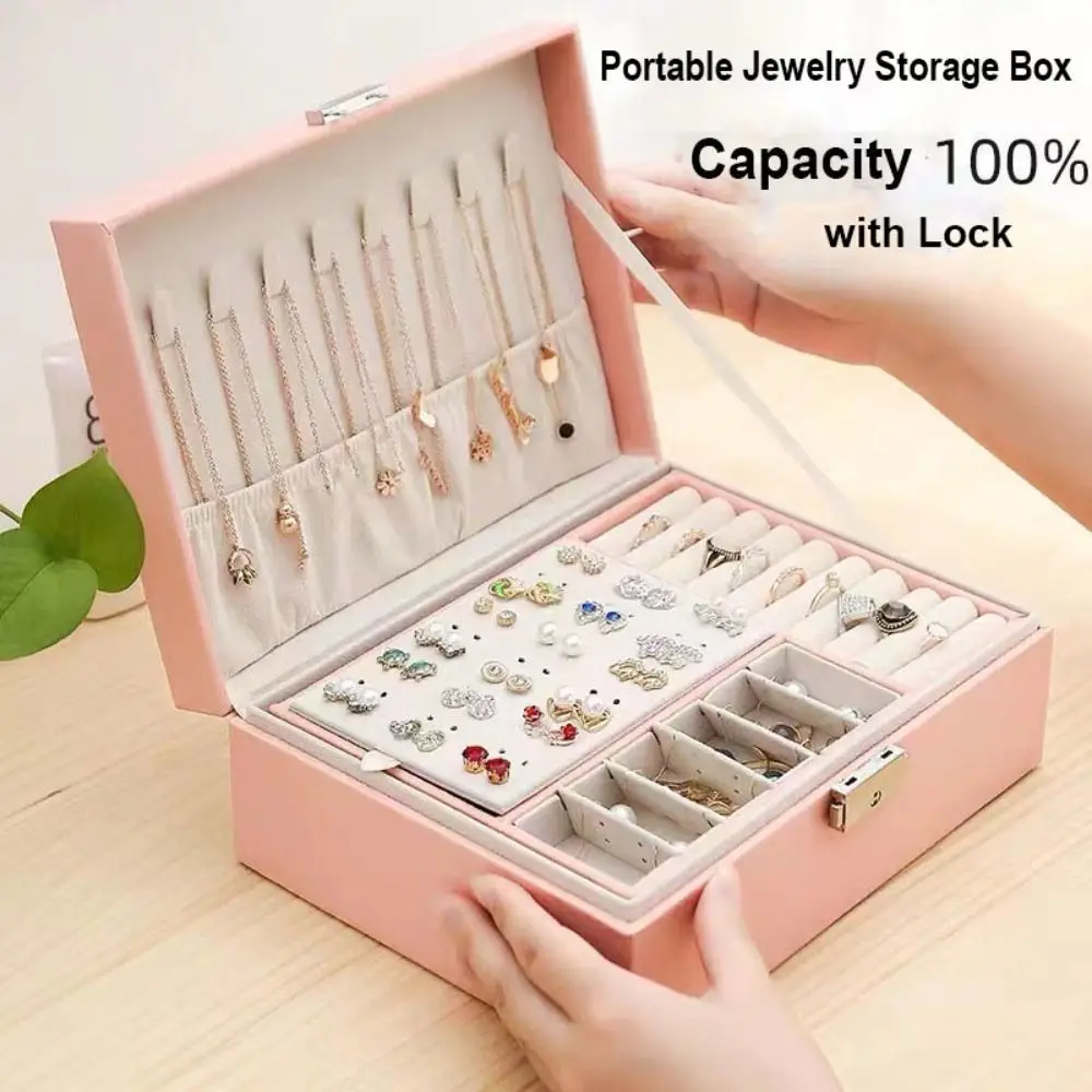 Caixa de armazenamento de jóias de camada dupla com bloqueio portátil tampa flip palma high-end caixa requintada grande capacidade sacos de jóias de viagem