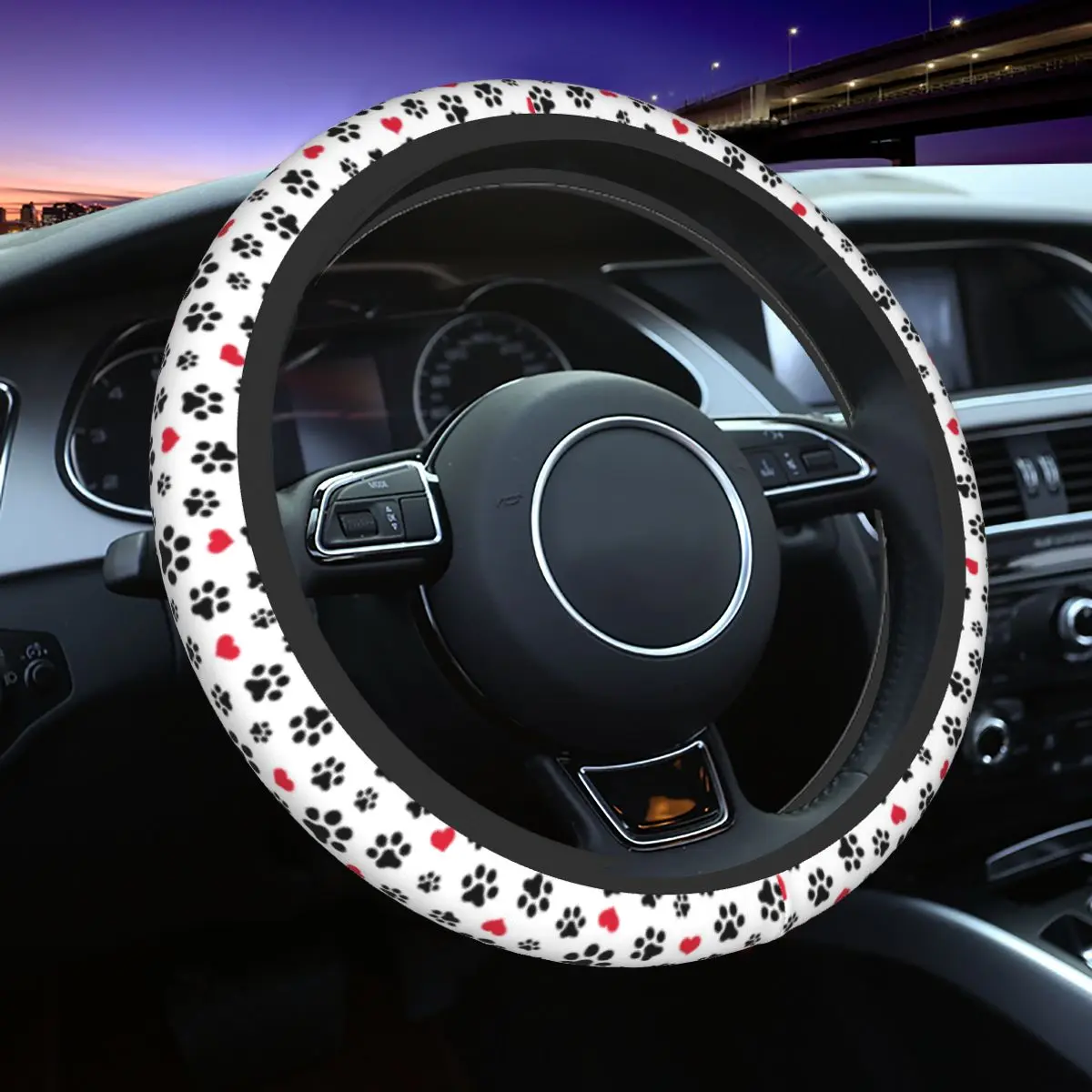 Dog Paw Cat Steering Wheel Cover Foot Print Kitten Repeat Style Red Black White Universal 15 Inch Elastic Anti-Slip Sweat Absorb