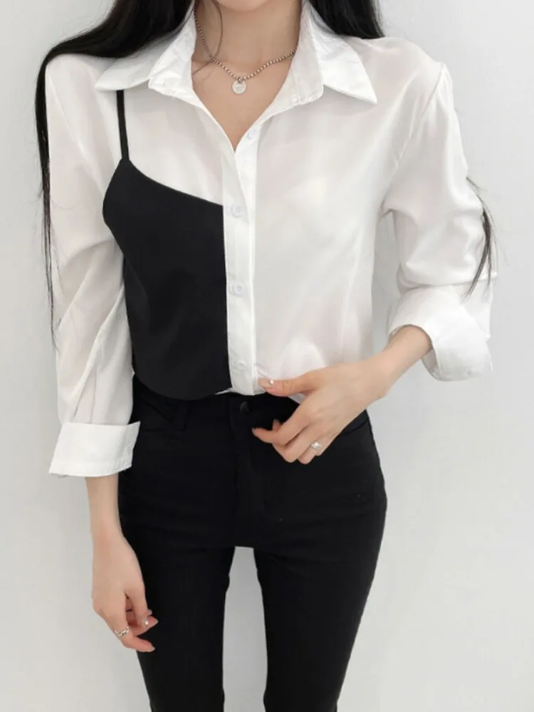 Csa de Manga Larga con Diseño Asimétrico Chic, Cierre de un Solo Botón, Bloques de Color, Estilo de Dos Piezas Falsas, par...