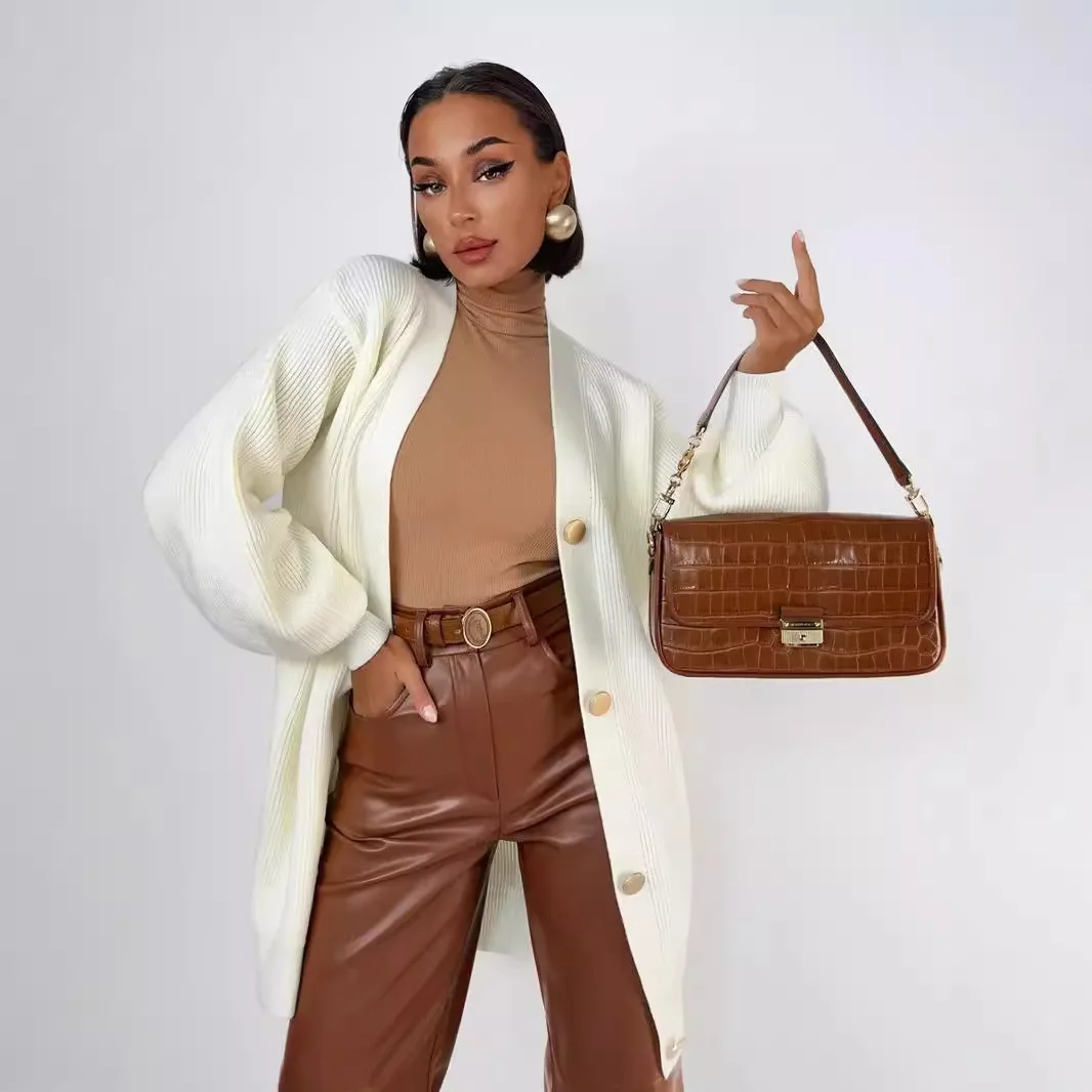 Chaqueta de Punto Hoada Informal para Mujer, Cárdigan Abierto de Color Sólido, Fibra de Poliéster, Manga Larga, Cuello en V...