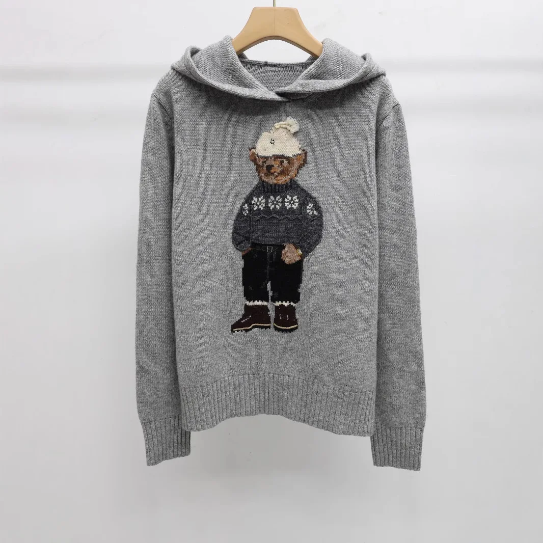 2025 New Heavy Craft Wool and Cashmere Cartoon Bear Hoodie, Preppy Style Youthful Sweater for Young Wome