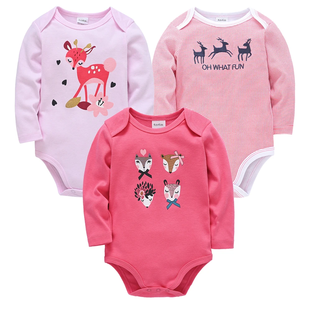 KAVKAS New Year 3 Pieces Baby Girls Jumpsuit Set Red Deer Christmas Baby Bodysuit Long Sleeve Kids Rompers Cotton for 3-12M