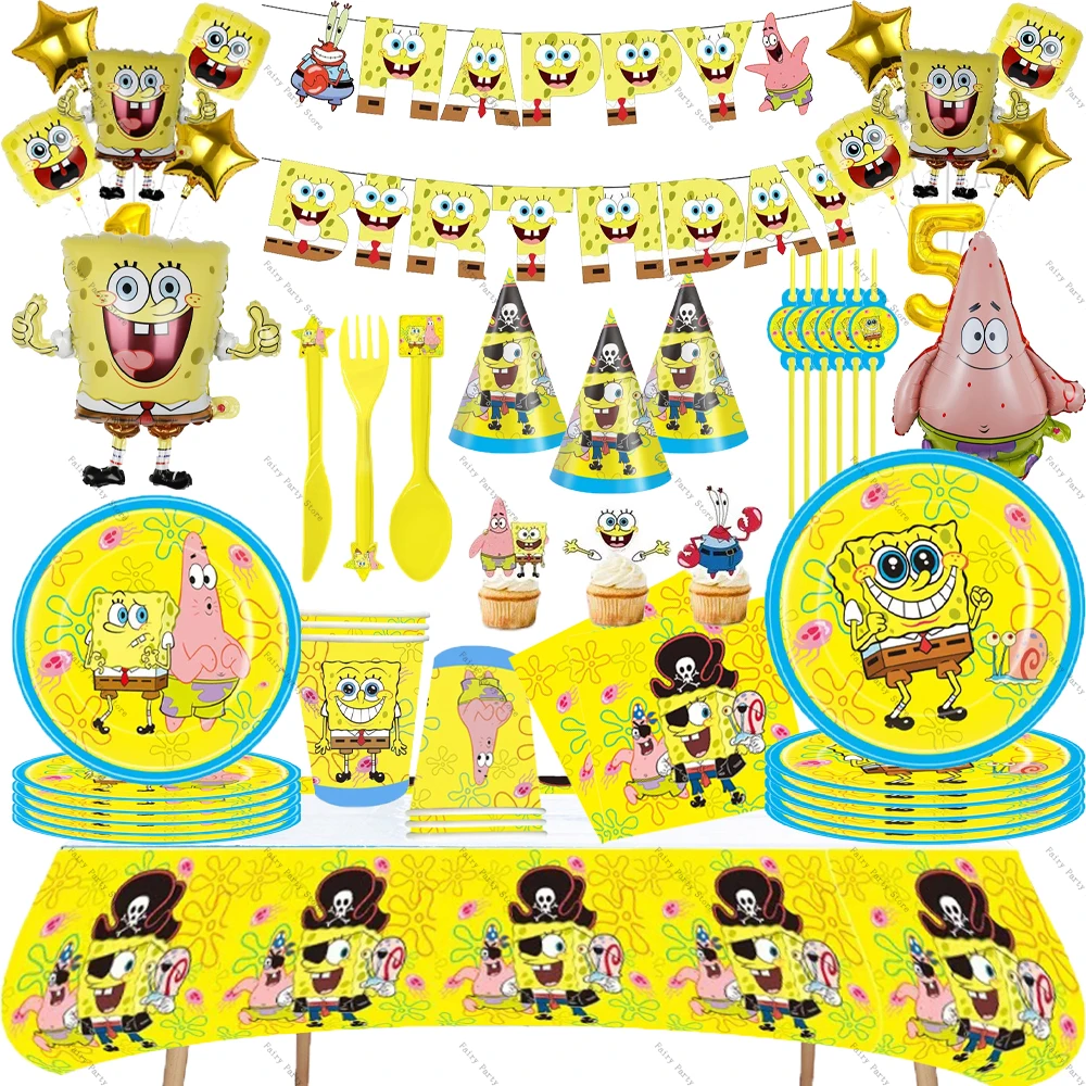 KAYOU Spongebob Theme Birthday Party Disposable Tableware Cup Plate Balloon Gift Bag Hat Banner for Kids Baby Shower Decoration