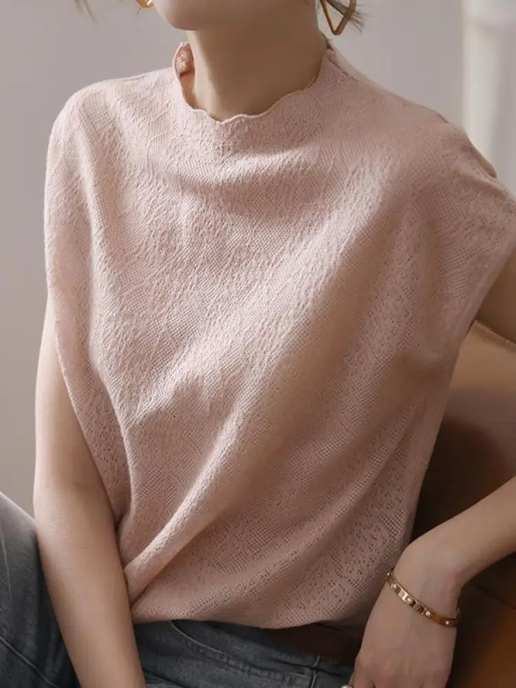 Fashion Vest Shirt Solid Stand-up Collar Knitted Sweater Short Sleeve Office Lady Loose Elegant All-Match Straight Tops