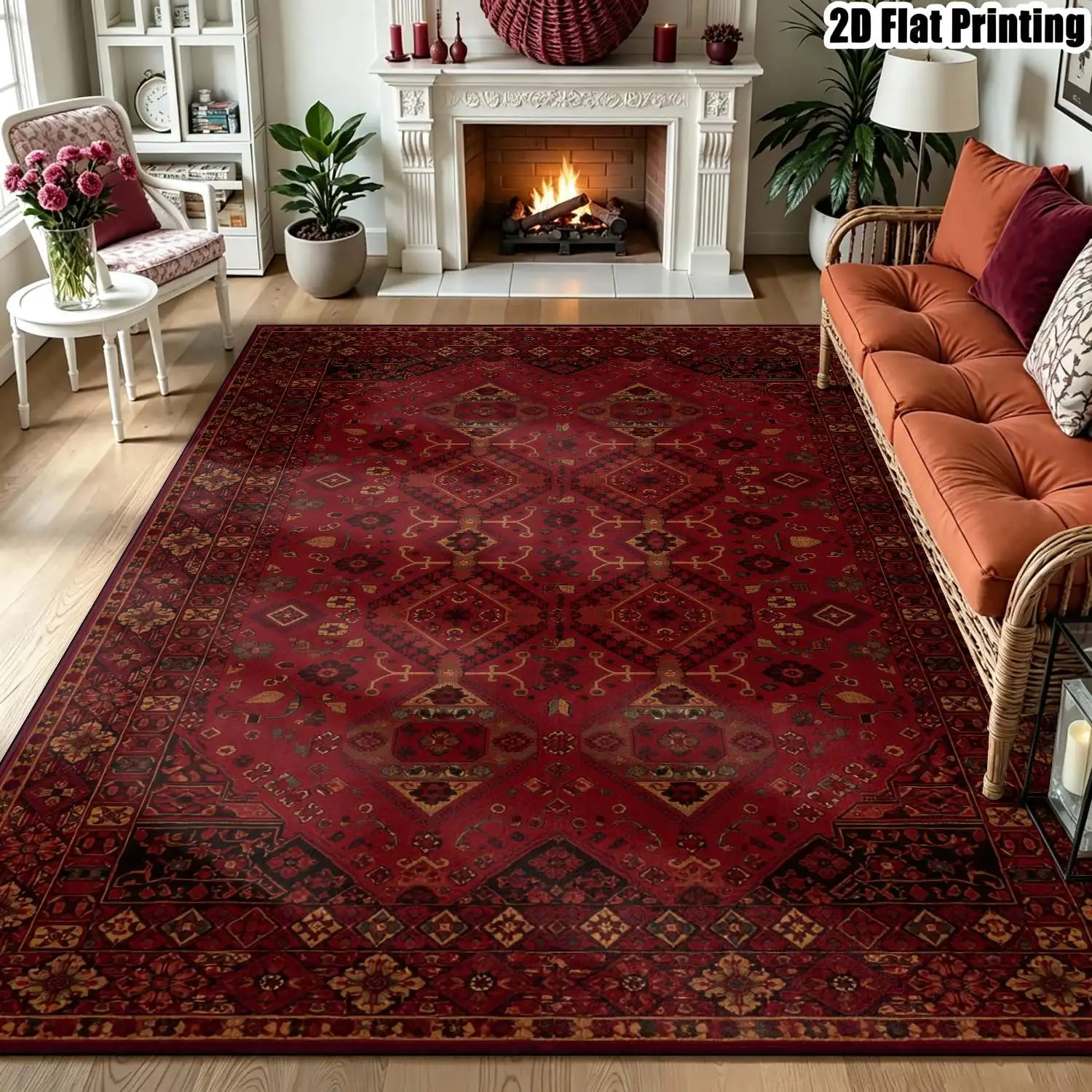 1Pc 2D Printed Retro Red-Brown Geometric Carpet: European/Bohemian Style, Home Decor, Multiple Sizes, Machine Washable, for Entrance, Dining Room, Foyer, Bedroom, Living Room