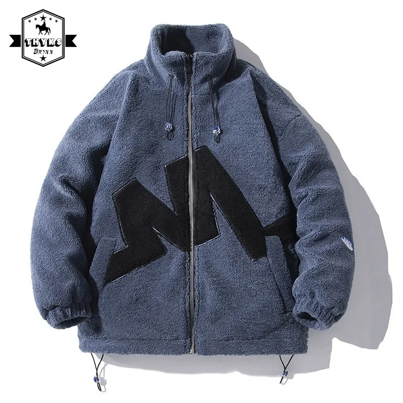 Autumn Warm Lamb Plush Jacket For Men Letter Korean Fashion Casual Winter Plus Loose Velvet Thickened Zipper Coat Parka Outwear