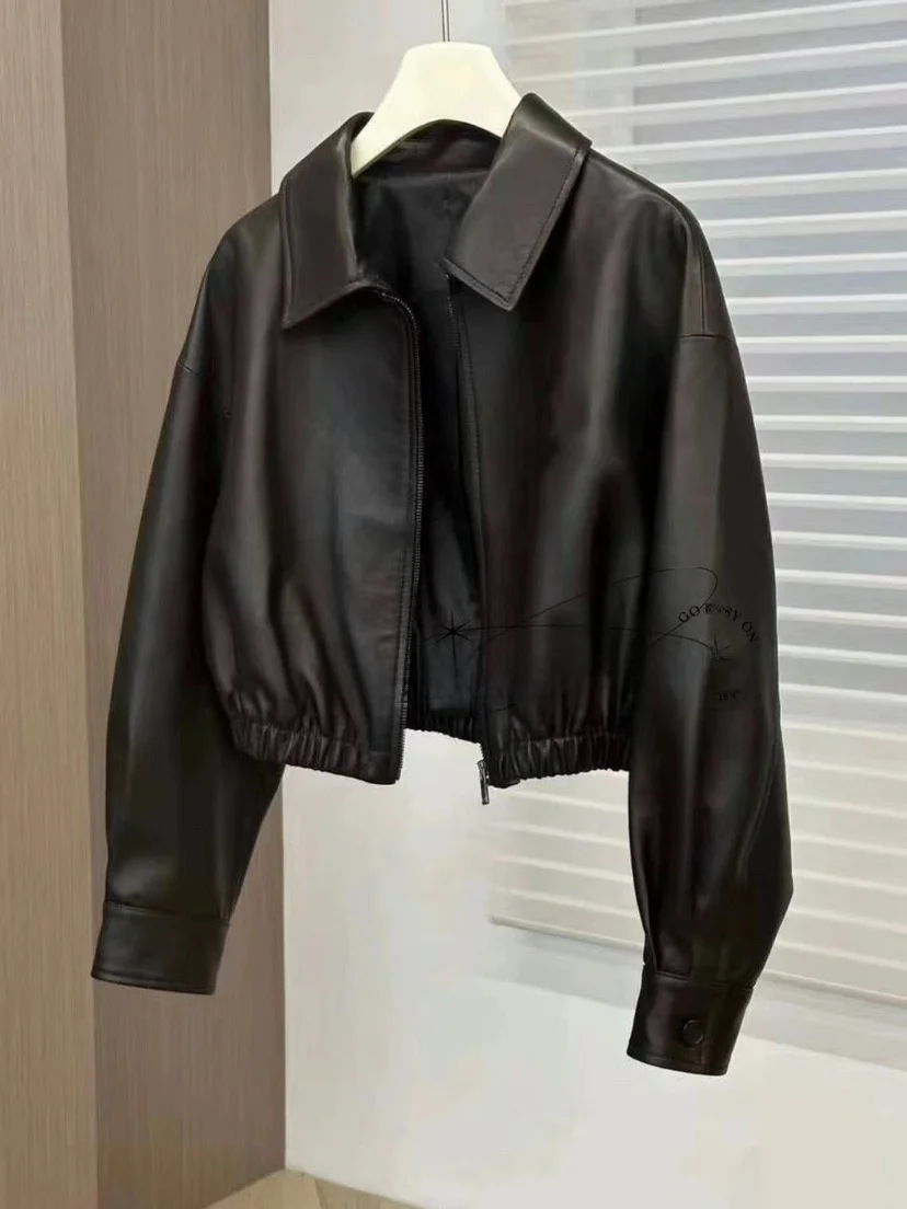 

Кожаная куртка из овечьей кожи с квадратным воротником, антивозрастная, женская, модная, уличный стиль, на молнии, укороченная, свободного кроя, осень-зима