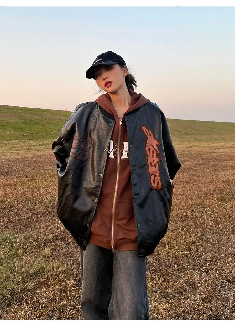 Hip Hop Oversized Leather Jacket Letter Star Embroidery Vintage Baseball Jackets Harajuku Varsity Streetwear Bomber Coat 2022