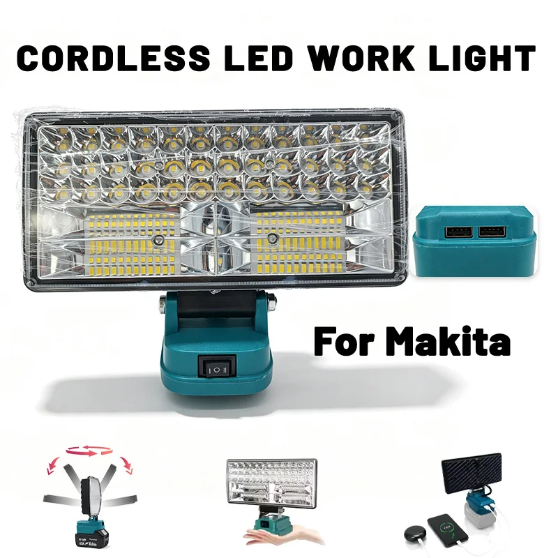 Cordless 8 Inch LED Work Light for Makita 12V-21V Li-ion Battery, 90W Two Levels Adjustable Flood Light with USB Charging Port