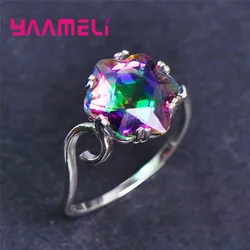 Round Mystic Rainbow Cubic Zircon Charms Wedding Band Ring Shining 925 Silver Needle Big Stone Unisex Jewelry for Women Men