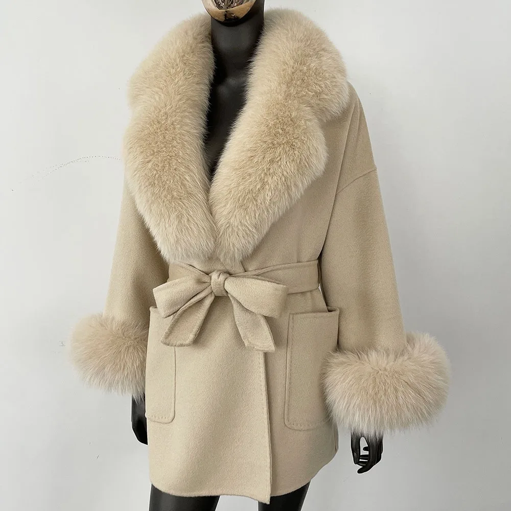 المرأة معطف الصوف 2025 جديد الخريف الشتاء ريال فوكس الفراء سترة الطبيعية الراكون الفراء الصوف سترة الإناث الدافئة الفراء الأصفاد معطف من قماش الكشمير