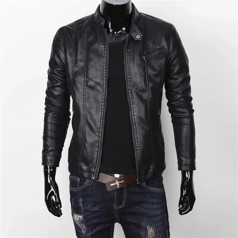 

Motorcycle Leather Coat Men Solid Color New Men Fashion Slim Fit Stand Collar Casual Leather Jacket All-match Zipper Top