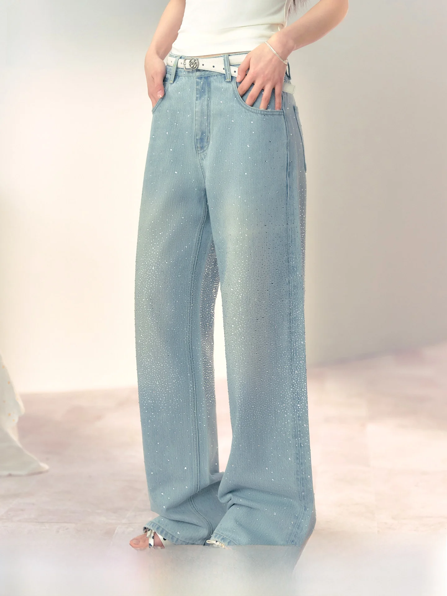 

ANDYET AD Casual Waed Straight Leg Jeans Slimming Wide Leg Diamond Studded Loose Fit Floor Length Women's Faion