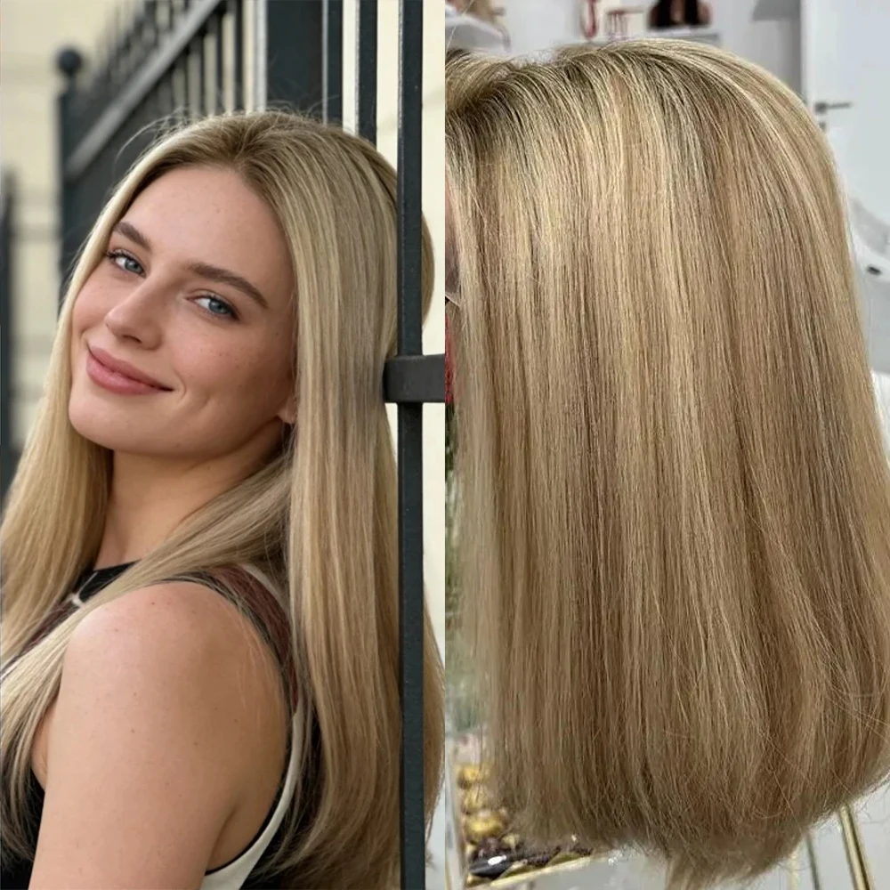 13x4 Ombre Golden Blonde Brown Synthetic HD Lace Front Wig with Roots Soft Short Straight Bob Wig Natural Preplucked Hairline