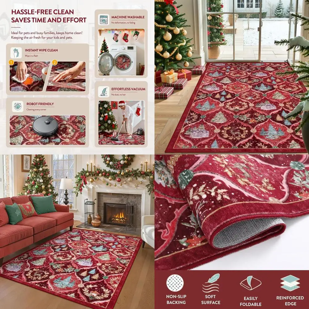 

5x7 Red Christmas Rug for Living Room, Large Washable Carpet with Soft Low Pile for Bedroom, Xmas Tree Design for Dining Room Wi