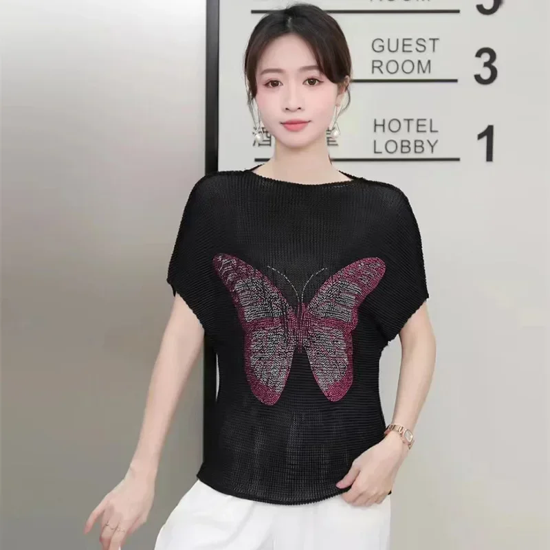 

ALSEY High Quality Fashion Butterfly Print Slim Pullover Round Neck Design Bat Sleeve Stretch Women's Blouse 2024 Summer New