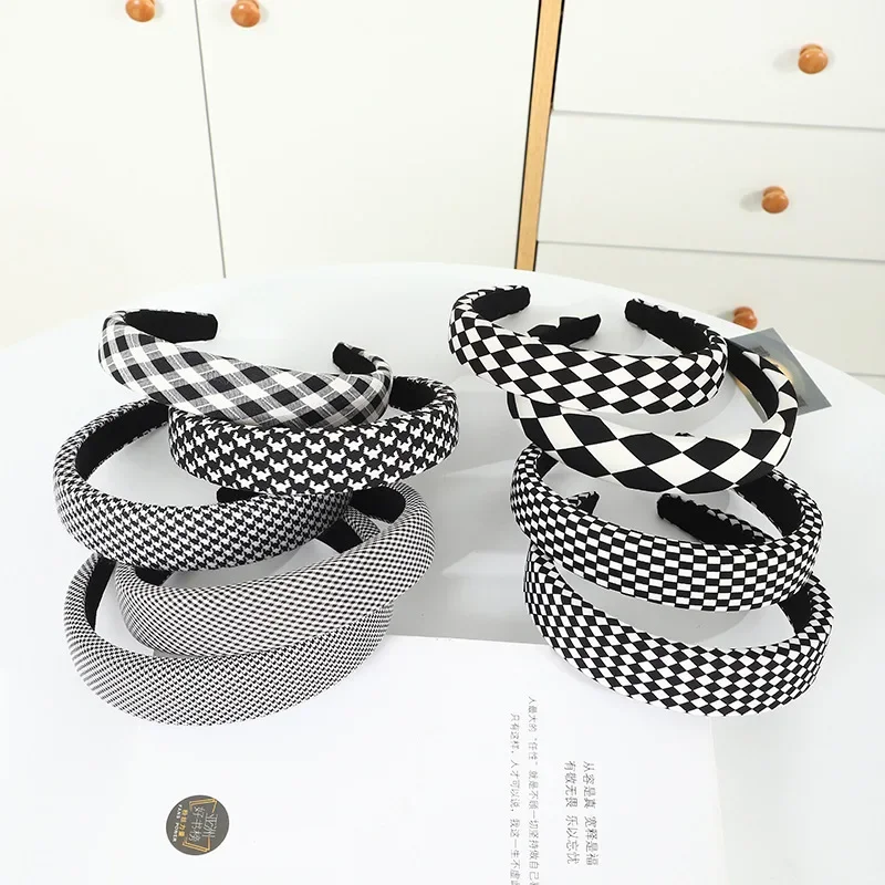 

Black White Checkered Headband for Women Wide Sponge Hair Hoop High Crown Retro Korean Style Autumn Hair Accessories