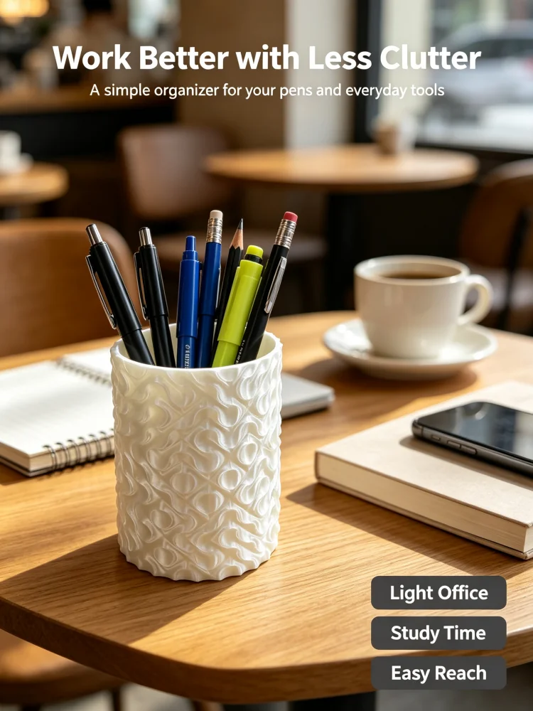 Teacher's Desk Organizer with Wavy Texture Pen Holder, 3D Printed Pla Material White Cylindrical Pen Cup, Ripple Texture Desktop Stationery Storage Box, Laboratory Workbench Desktop Pen Storage Container, Teacher's Desk Organizer, Desktop Storage and Organization Box, Office Stationery Storage Box, Desktop Pen Storage Rack, Suitable for School, Teacher's Office, Laboratory Workbench, Tidy Desktop Storage Box, Storage for Correction Tools and Experimental Record Pens, Create a Tidy Workspace