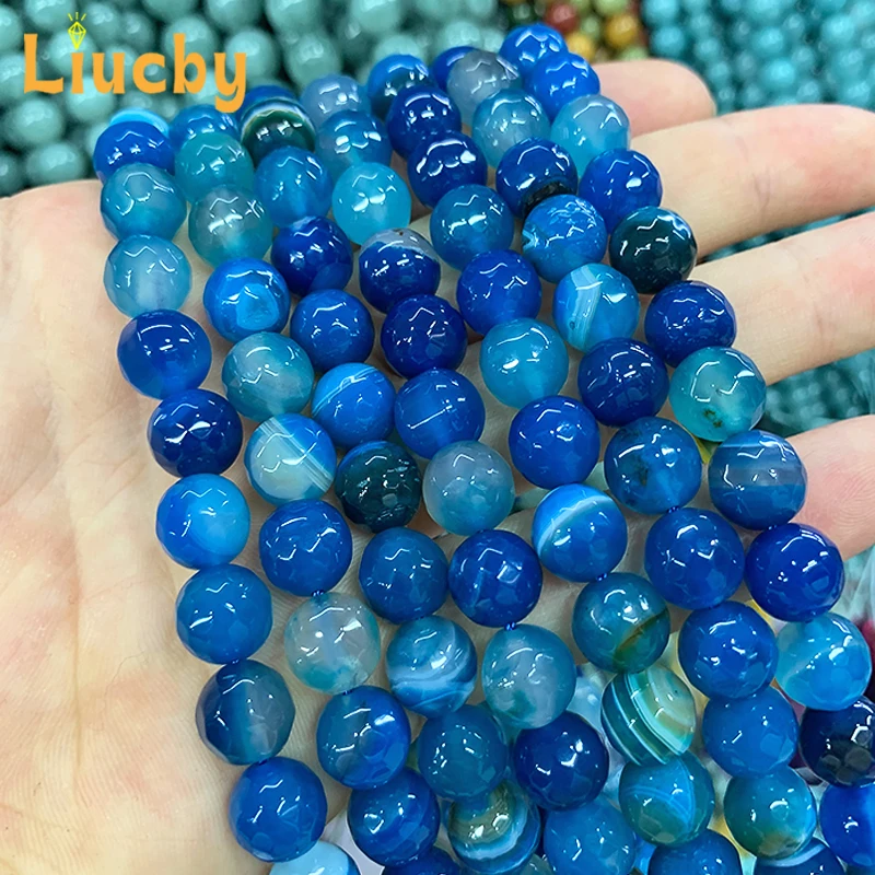 Edelstein facettierte blau gestreifte Achate Natursteinperlen für Schmuckherstellung DIY exquisite Kopfbedeckung Geschenk 15" Zoll 4/6/8/10/12mm – Detail 4